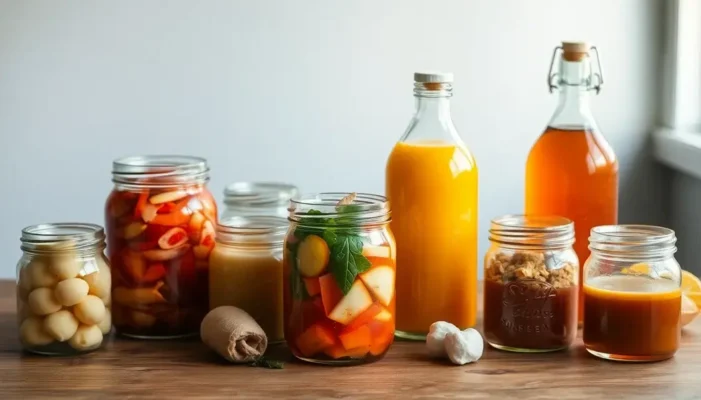 Jars of sauerkraut, kimchi, and kombucha on a wooden table with warm lighting.