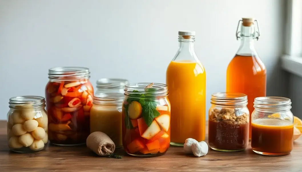 Jars of sauerkraut, kimchi, and kombucha on a wooden table with warm lighting.