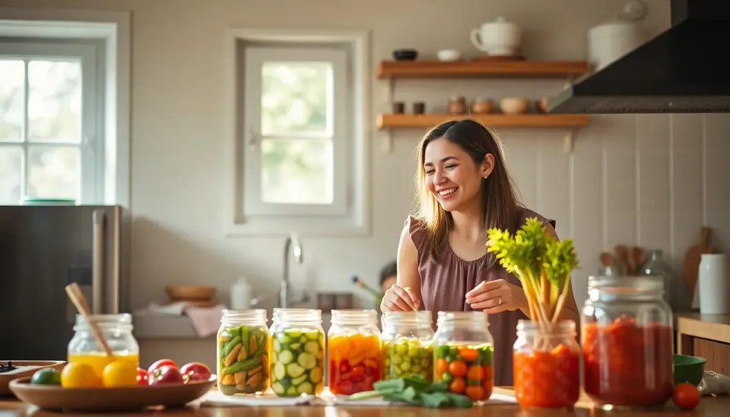 A young couple prepares fermentation jars in a sunlit kitchen.