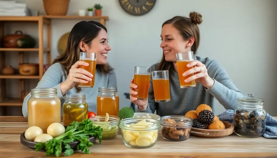 A young couple prepares fermentation jars in a sunlit kitchen.