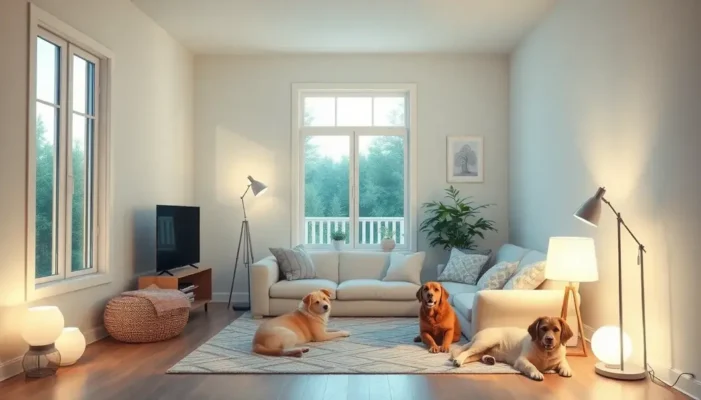 A home featuring harmonious lighting with pets lounging comfortably.