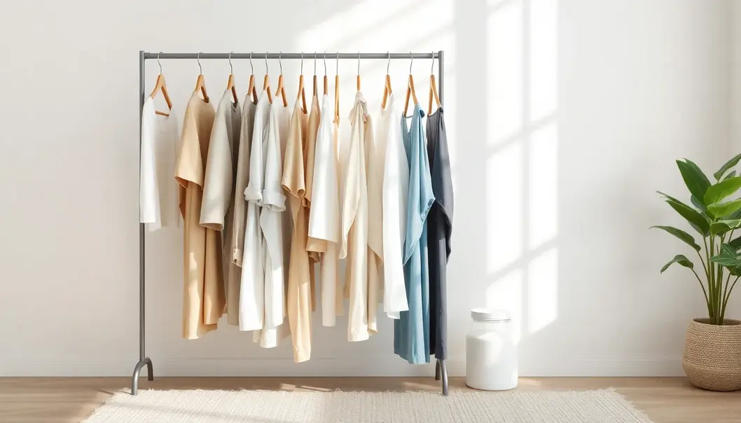 An inviting, eco-friendly wardrobe setup promotes mindful fashion choices.