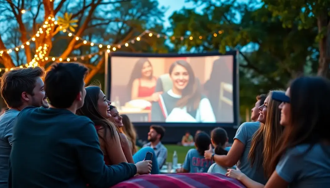 Teen friends enjoying an outdoor romantic comedy at a park.