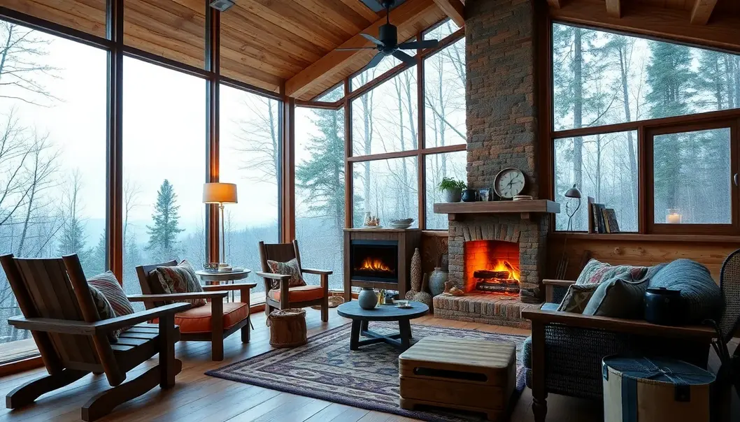 A newlywed couple enjoying the serenity of their off-grid cabin in a lush forest.