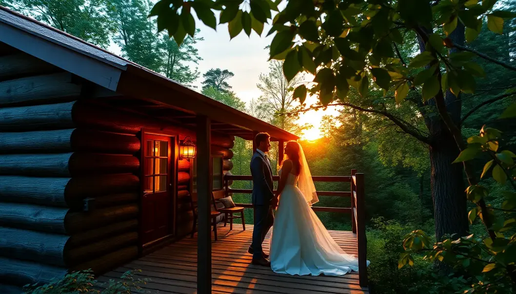 A newlywed couple enjoying the serenity of their off-grid cabin in a lush forest.