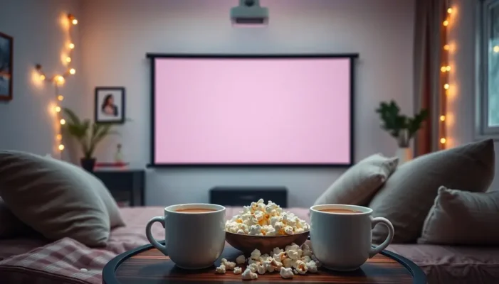Living room setup with a projector and cozy atmosphere for a romantic comedy night.