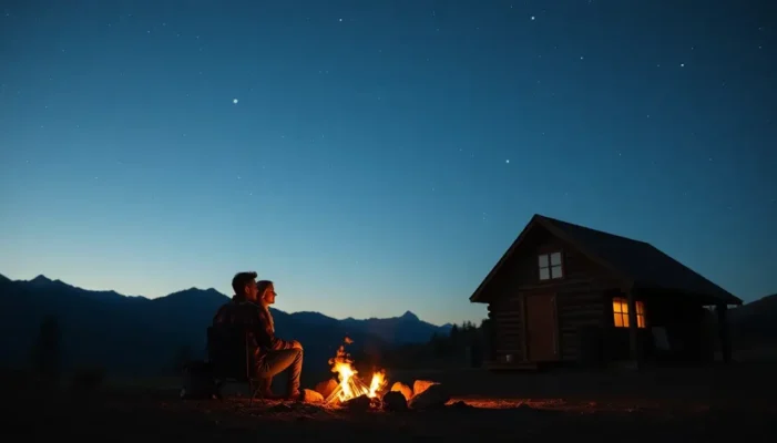 Newlyweds by a campfire under the stars near their cabin.